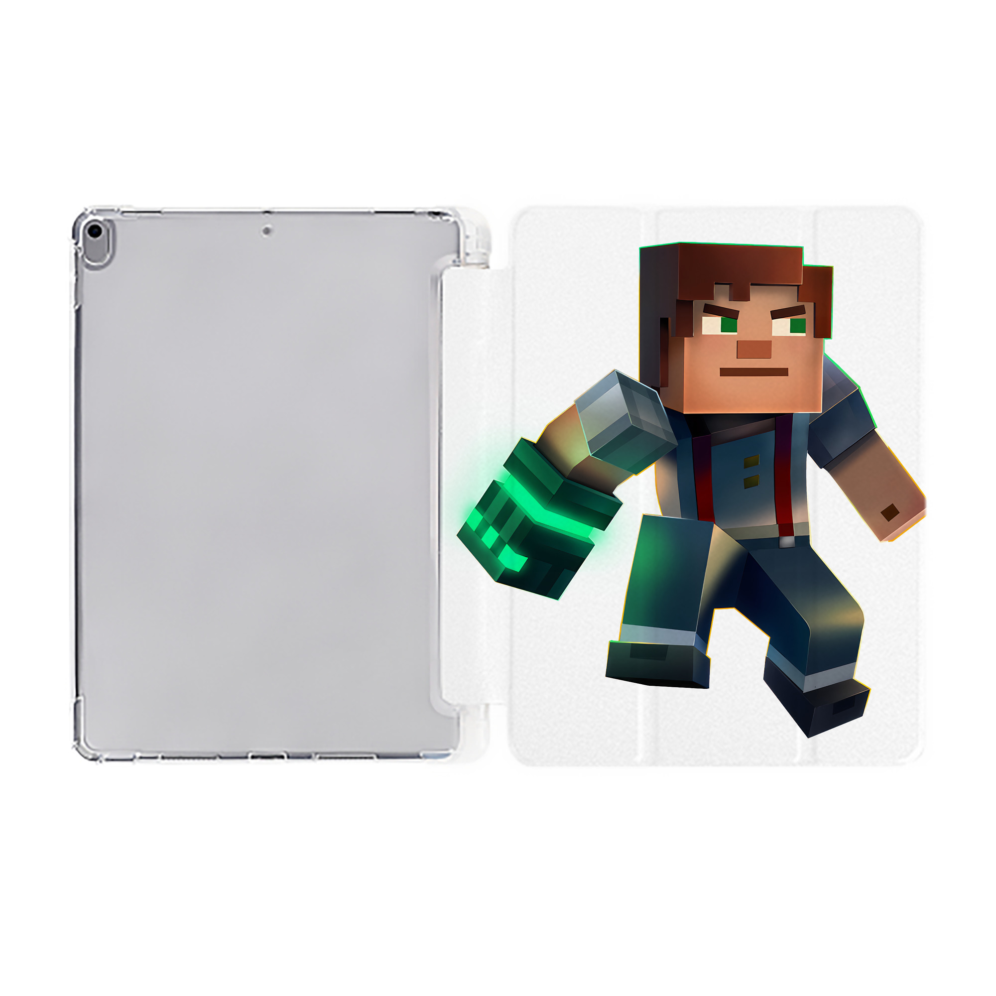 （画像用） マインクラフト ブロックの世界 Minecraft MC Block world IPad ケース ペン収納付き 三つ折りスタンド PUレザー×シリコン 対応機種9.5/10.5/10.9インチ
